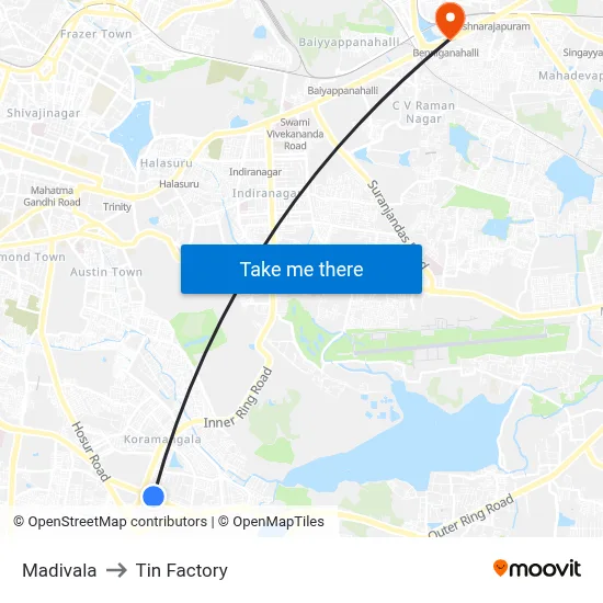 Madivala to Tin Factory map
