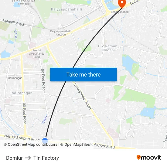 Domlur to Tin Factory map