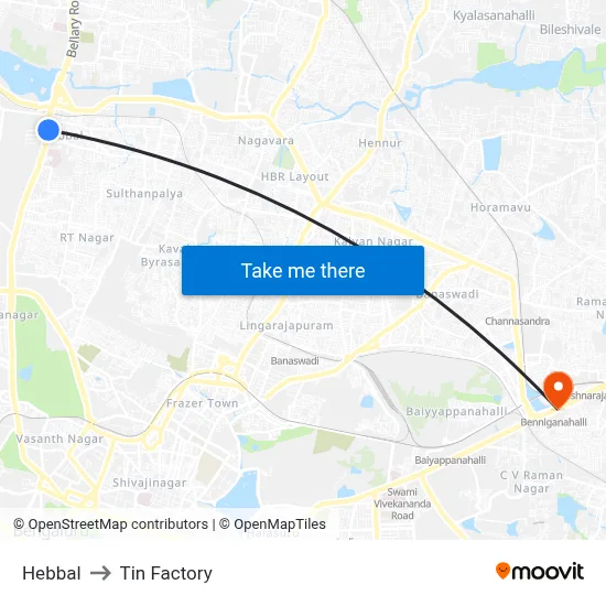 Hebbal to Tin Factory map