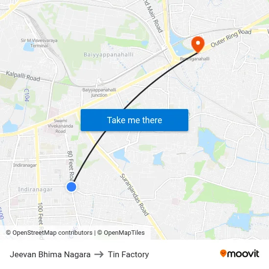 Jeevan Bhima Nagara to Tin Factory map