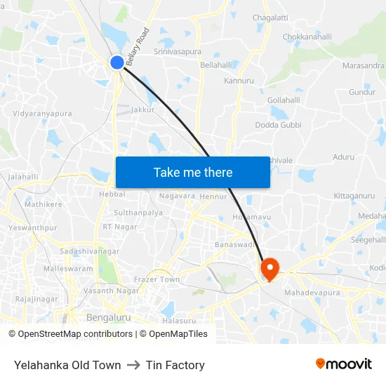 येलहंका ओल्ड टाउन to टिन फैक्ट्री map