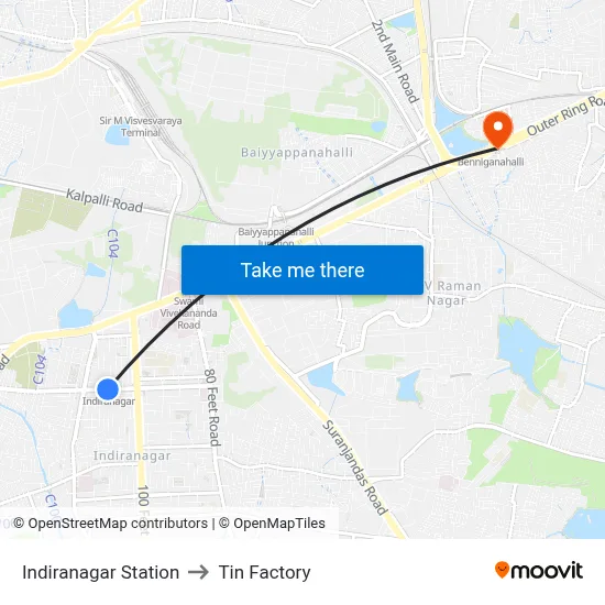 Indiranagar Station to Tin Factory map