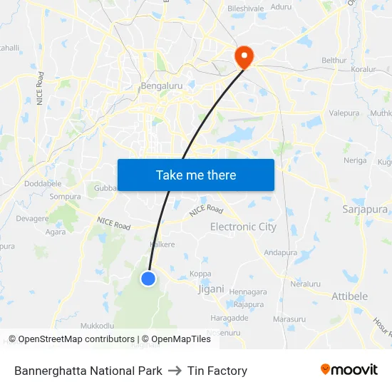 Bannerghatta National Park to Tin Factory map