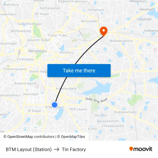 BTM Layout (Station) to Tin Factory map