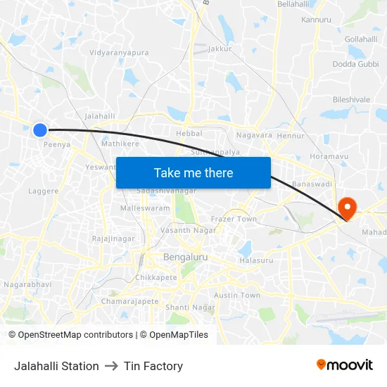 Jalahalli Station to Tin Factory map