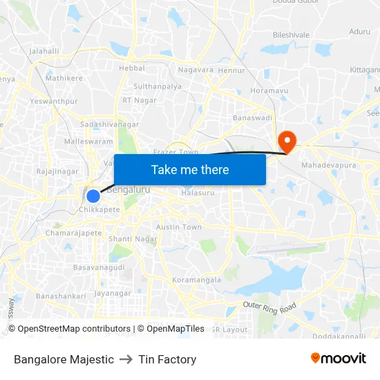 Bangalore Majestic to Tin Factory map