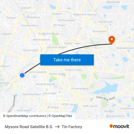 Mysore Road Satellite B.S. to Tin Factory map