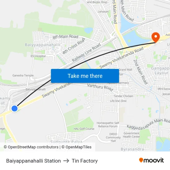 Baiyappanahalli Station to Tin Factory map