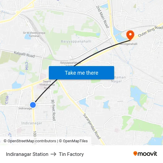 Indiranagar Station to Tin Factory map