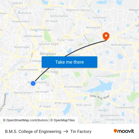 B.M.S. College of Engineering to Tin Factory map