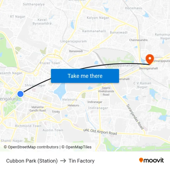 Cubbon Park (Station) to Tin Factory map