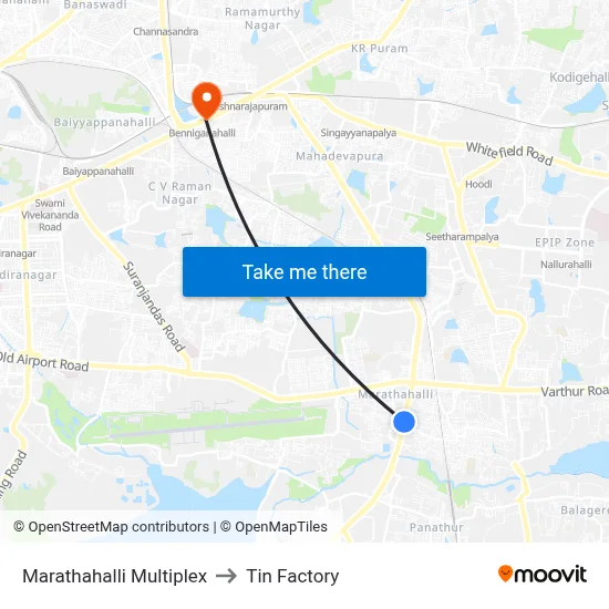 Marathahalli Multiplex to Tin Factory map
