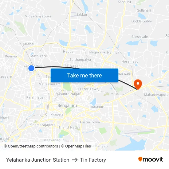Yelahanka Junction Station to Tin Factory map
