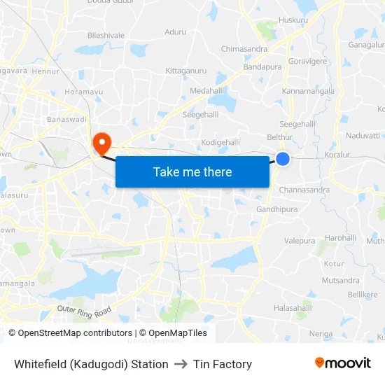 Whitefield (Kadugodi) Station to Tin Factory map