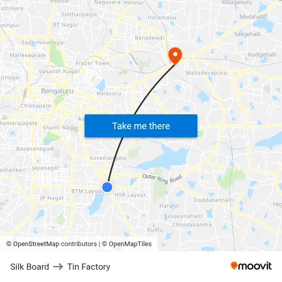 Silk Board to Tin Factory map