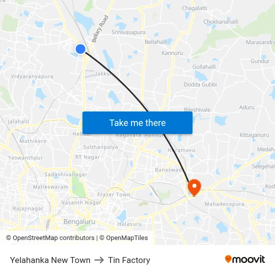 Yelahanka New Town to Tin Factory map