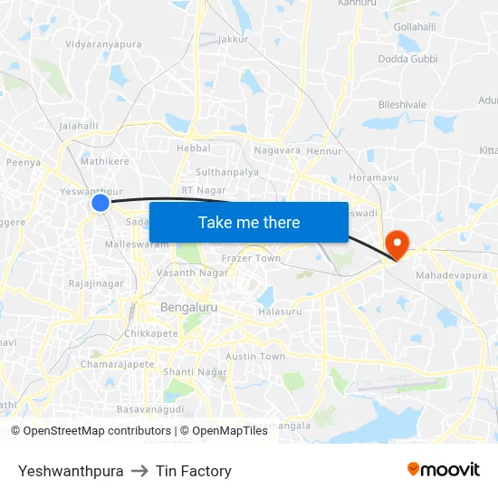 Yeshwanthpura to Tin Factory map