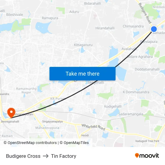 Budigere Cross to Tin Factory map