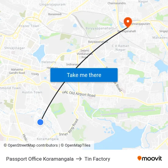Passport Office Koramangala to Tin Factory map