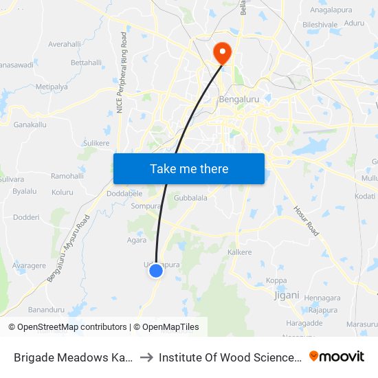 Brigade Meadows Kanakapura Road to Institute Of Wood Sciences And Technology map