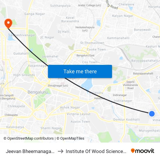 Jeevan Bheemanagara Bus Station to Institute Of Wood Sciences And Technology map