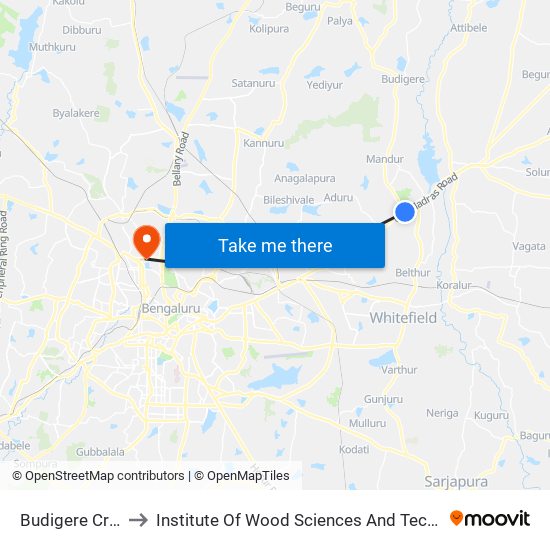 Budigere Cross to Institute Of Wood Sciences And Technology map