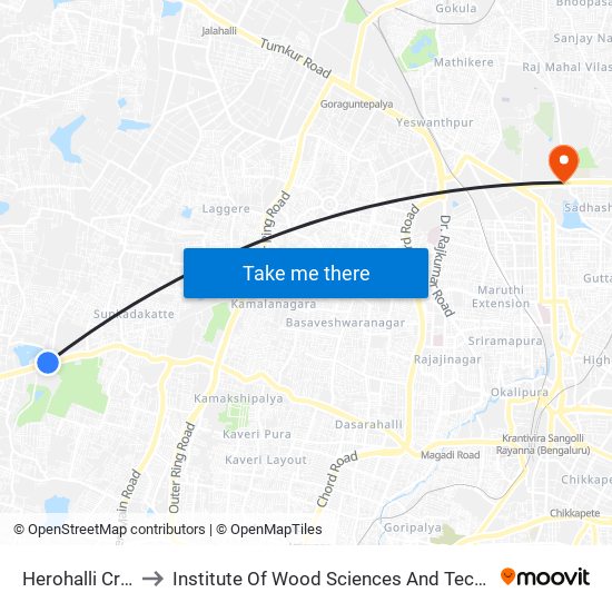 Herohalli Cross to Institute Of Wood Sciences And Technology map