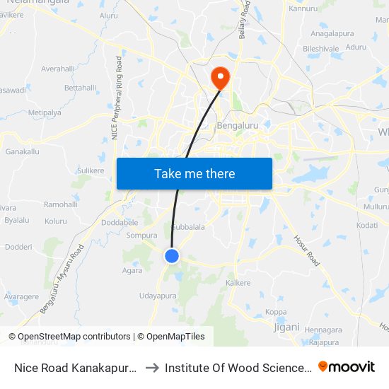 Nice Road Kanakapura Road Junction to Institute Of Wood Sciences And Technology map