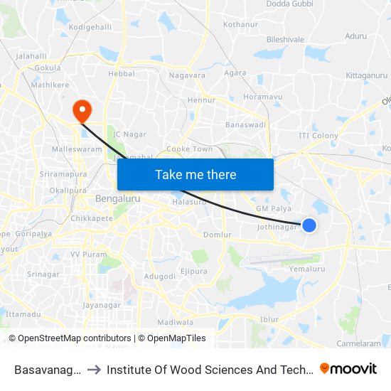 Basavanagara to Institute Of Wood Sciences And Technology map