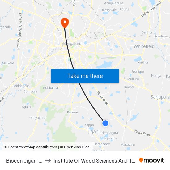 Biocon Jigani Road to Institute Of Wood Sciences And Technology map