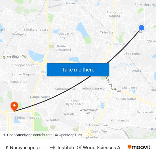 K Narayanapura Main Road to Institute Of Wood Sciences And Technology map