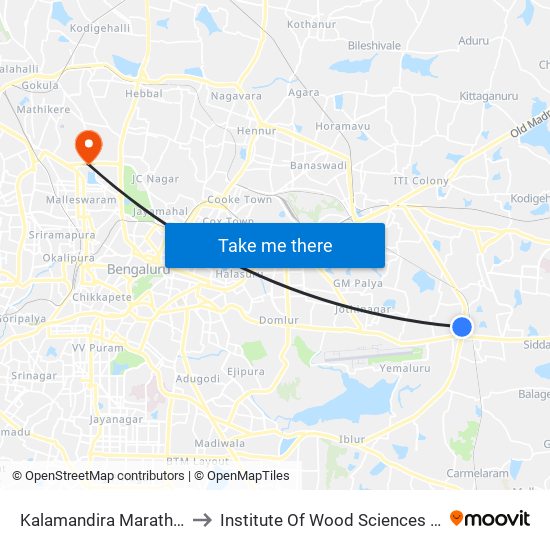 Kalamandira  Marathahalli Bridge to Institute Of Wood Sciences And Technology map
