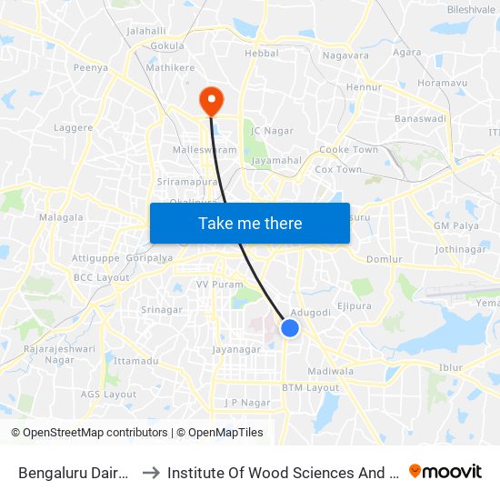 Bengaluru Dairy Circle to Institute Of Wood Sciences And Technology map