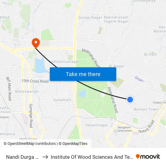 Nandi Durga Road to Institute Of Wood Sciences And Technology map