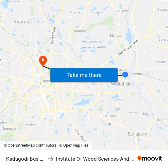 Kadugodi Bus Station to Institute Of Wood Sciences And Technology map