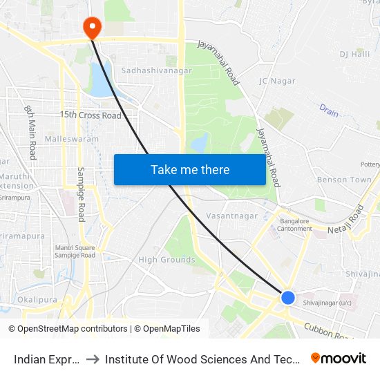 Indian Express to Institute Of Wood Sciences And Technology map