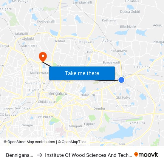 Benniganahalli to Institute Of Wood Sciences And Technology map