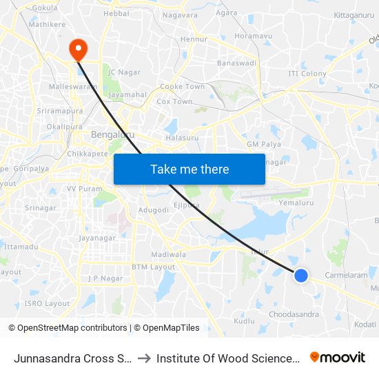 Junnasandra Cross Sarjapura Road to Institute Of Wood Sciences And Technology map