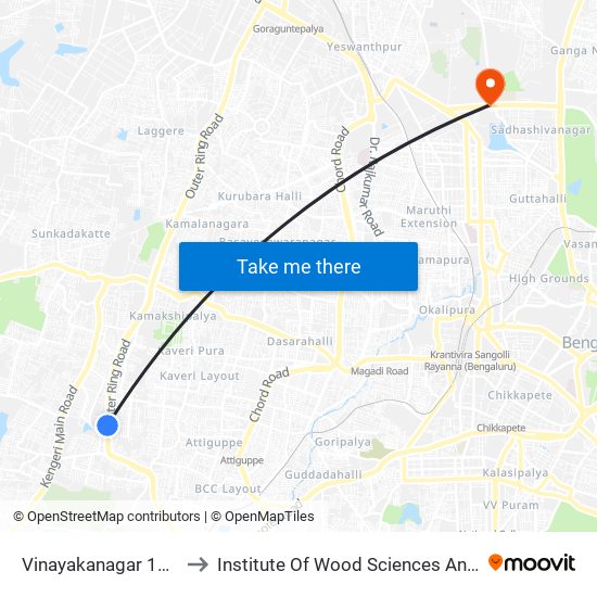 Vinayakanagar 12th Cross to Institute Of Wood Sciences And Technology map