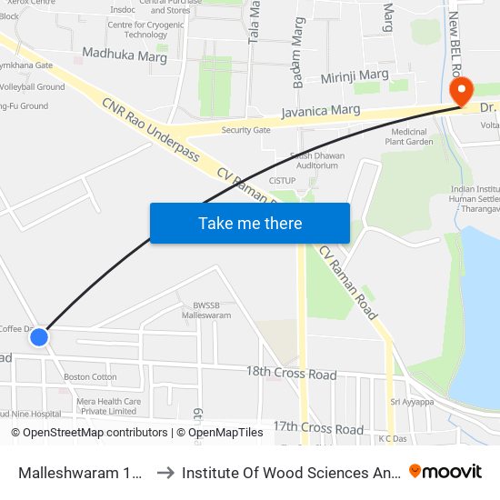 Malleshwaram 18th Cross to Institute Of Wood Sciences And Technology map