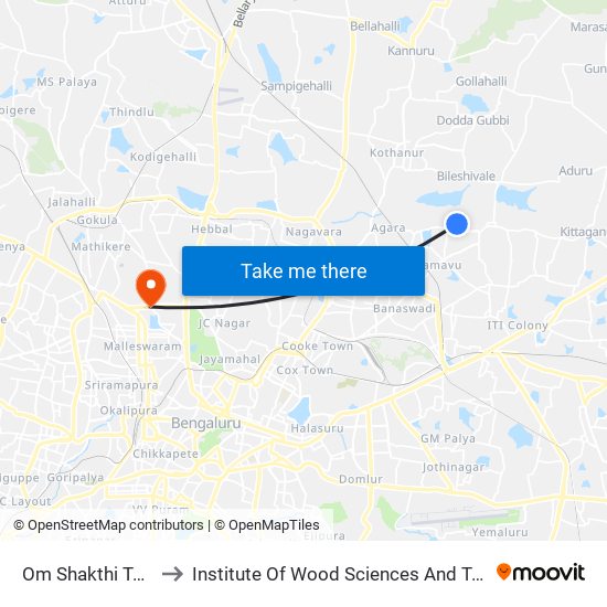 Om Shakthi Temple to Institute Of Wood Sciences And Technology map
