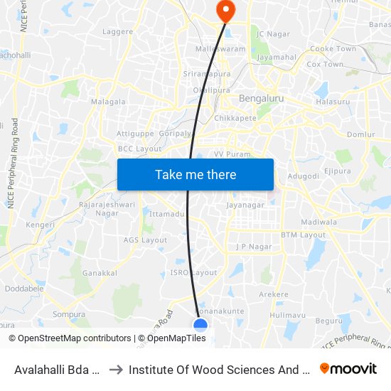 Avalahalli Bda Layout to Institute Of Wood Sciences And Technology map