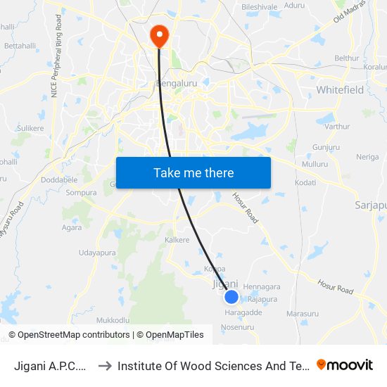 Jigani A.P.C.Circle to Institute Of Wood Sciences And Technology map