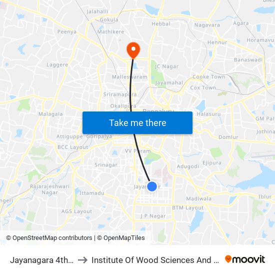 Jayanagara 4th Block to Institute Of Wood Sciences And Technology map