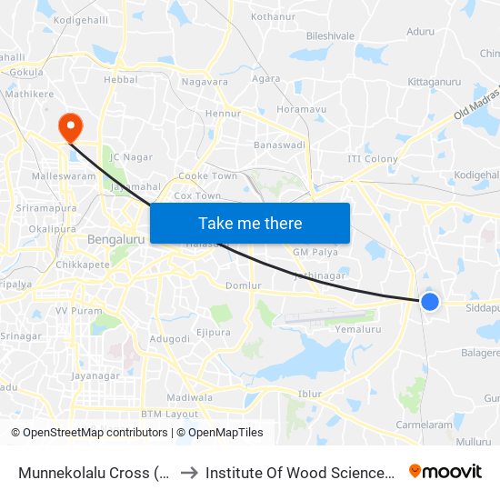 Munnekolalu Cross (Spice Garden) to Institute Of Wood Sciences And Technology map