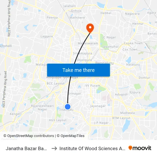 Janatha Bazar Banashankari to Institute Of Wood Sciences And Technology map