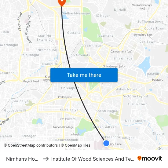 Nimhans Hospital to Institute Of Wood Sciences And Technology map