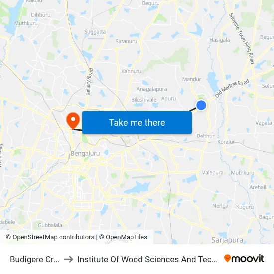 Budigere Cross to Institute Of Wood Sciences And Technology map