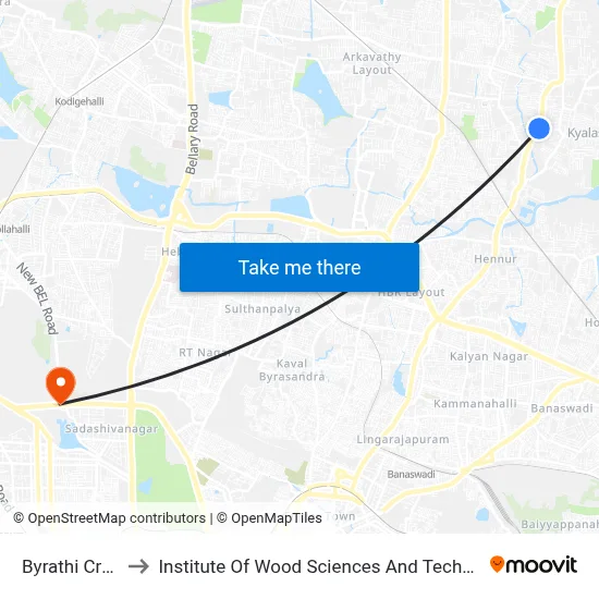 Byrathi Cross to Institute Of Wood Sciences And Technology map