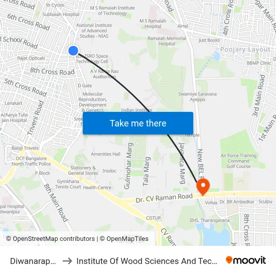 Diwanarapalya to Institute Of Wood Sciences And Technology map